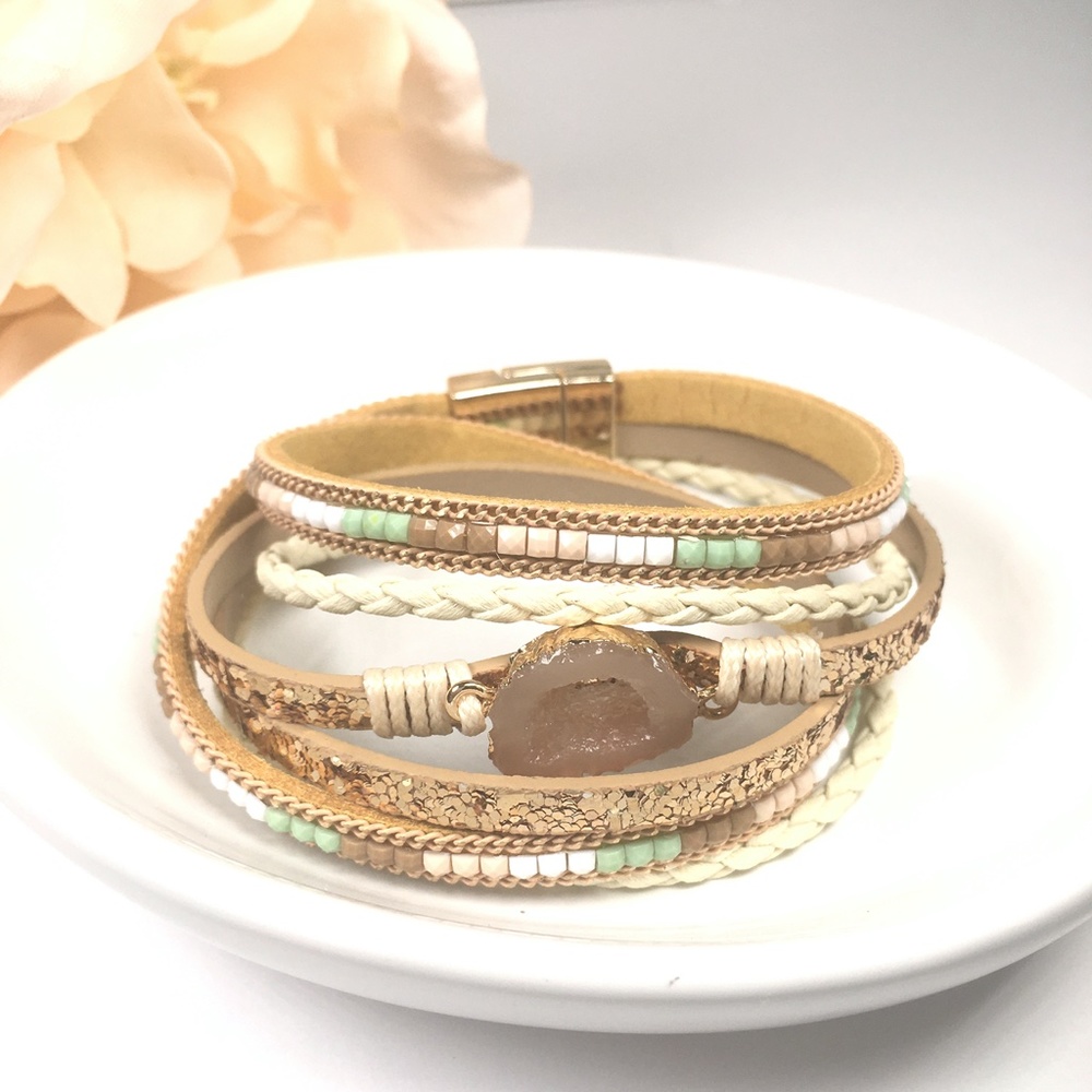 Bohemian Quartz Leather Wrap Bangle Bracelet - Picture 7 of 9